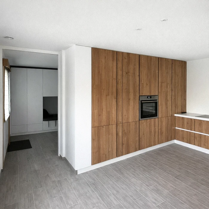 Intérieur de cuisine moderne avec tiroir ouvert révélant un système d'organisation optimisé