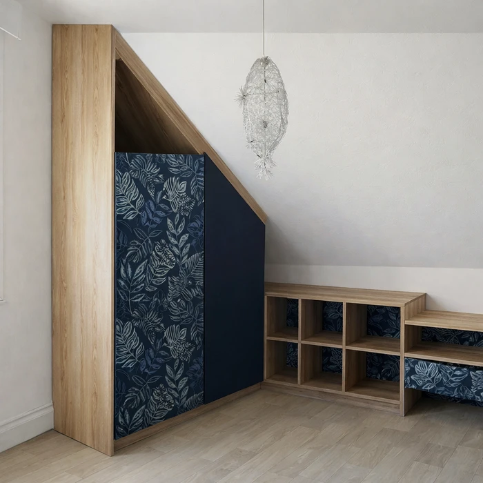 Chambre moderne avec dressing intégré, lit double à tête de lit noire, décoration murale végétale métallique sur panneau bois