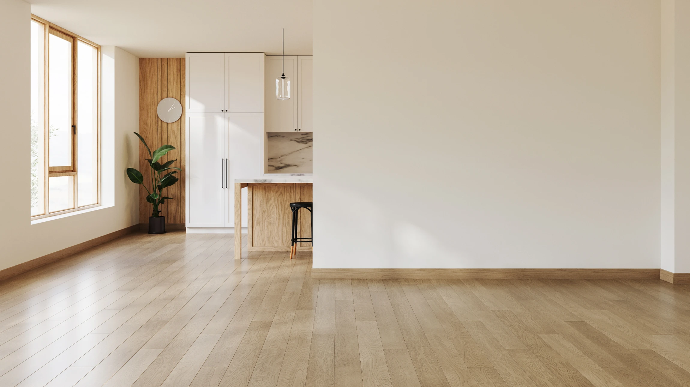 Parquet en bois naturel clair composé de lames rectangulaires disposées en motif décalé