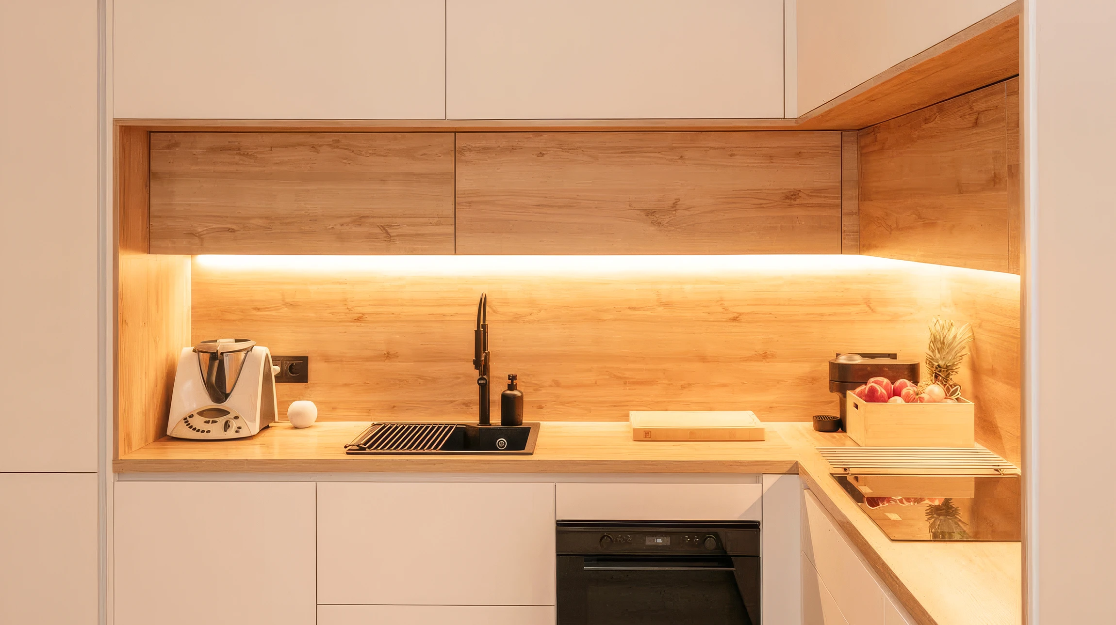 Photographie professionnelle d'un int&eacute;rieur d'habitation r&eacute;nov&eacute; et am&eacute;nag&eacute;&nbsp;: cuisine moderne ouverte sur s&eacute;jour, avec meubles d'agencement de qualit&eacute;, plan de travail contemporain, &eacute;lectrom&eacute;nager int&eacute;gr&eacute;, &eacute;clairage ambiant, sol r&eacute;nov&eacute;, et un artisan menuisier en tenue de travail professionnelle effectuant les finitions ou contr&ocirc;lant les d&eacute;tails du projet. L'image doit montrer l'excellence de la r&eacute;alisation et le professionnalisme du travail d'agencement int&eacute;rieur.