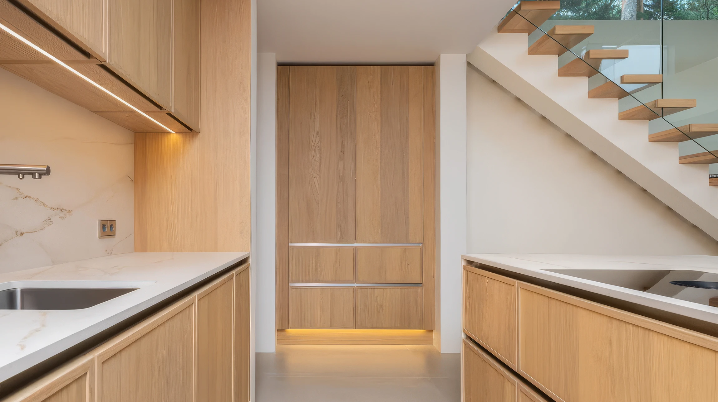 Photographie haute résolution d'une cuisine contemporaine rénovée de qualité, finalisée dans un intérieur lumineux. Visible : plan de travail en matériau moderne, façades de meuble laqué ou bois, électroménager intégré, crédence design, éclairage discret, ensemble harmonieux donnant un sentiment de qualité artisanale et de finition soignée. La scène valorise le savoir-faire en agencement cuisine clé en main.