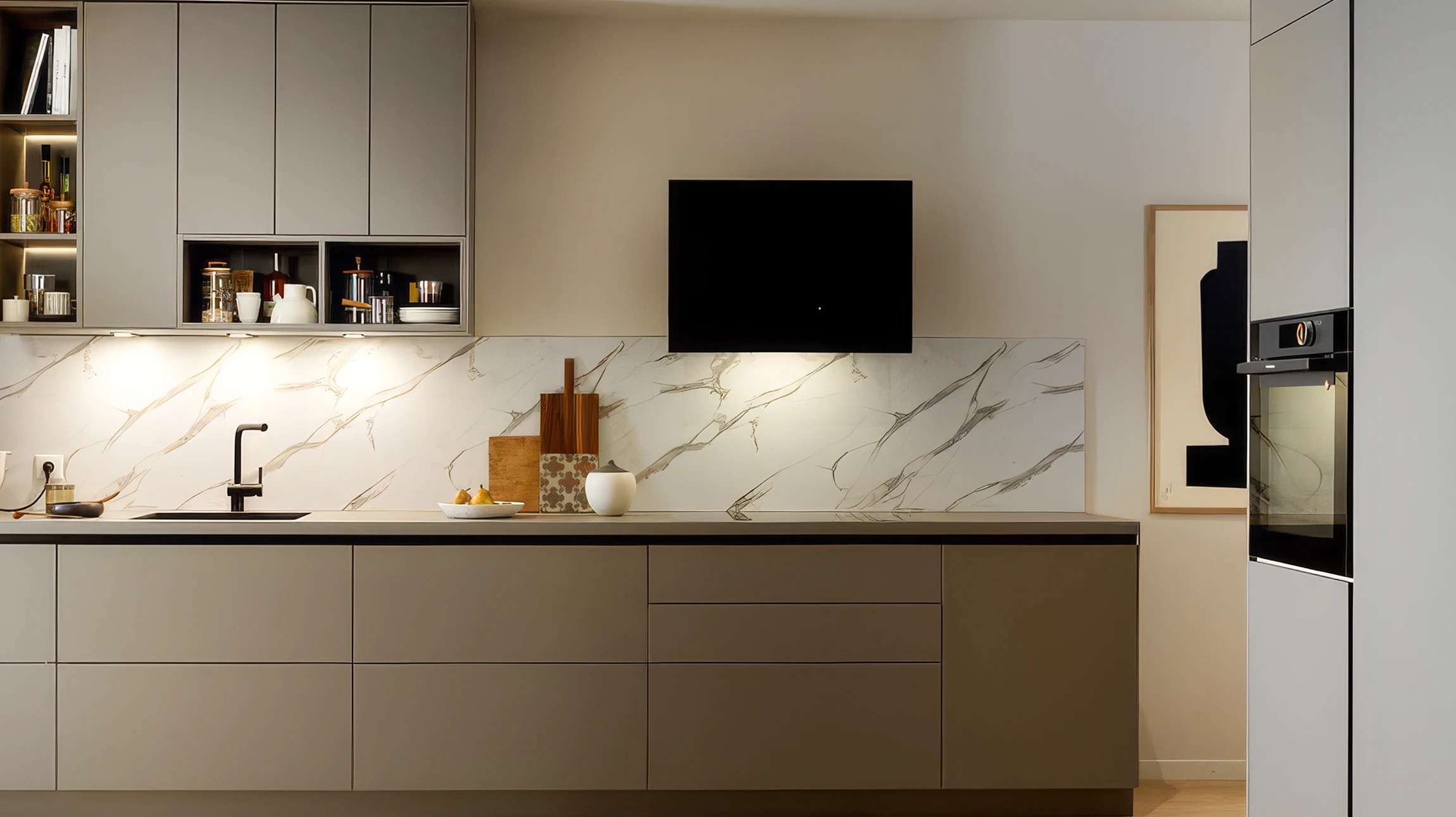 Cuisine moderne équipée avec plan de travail intégré, four encastrable avec porte vitrée, plaques de cuisson quatre feux, tiroirs de rangement, lave-vaisselle intégré